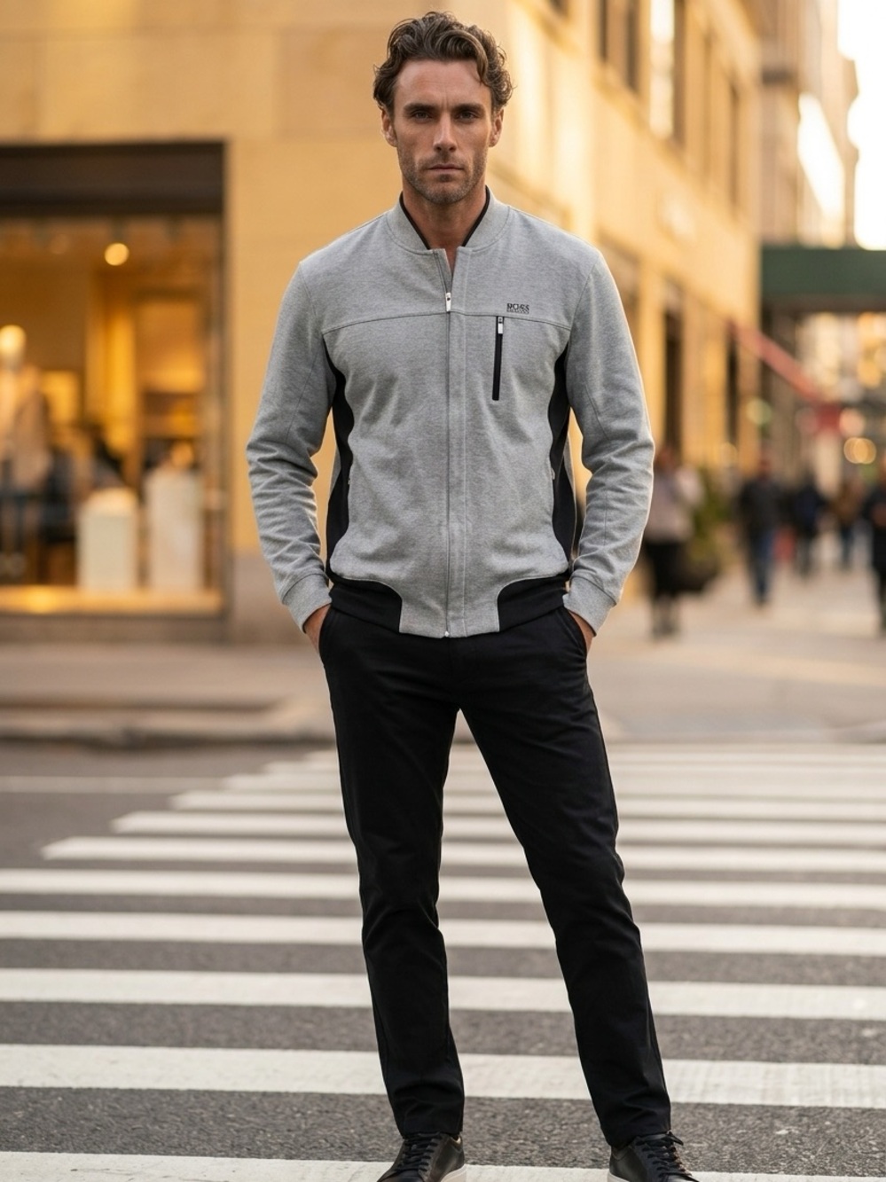 BOSS Grey and Black Zip-Up Bomber Sweater